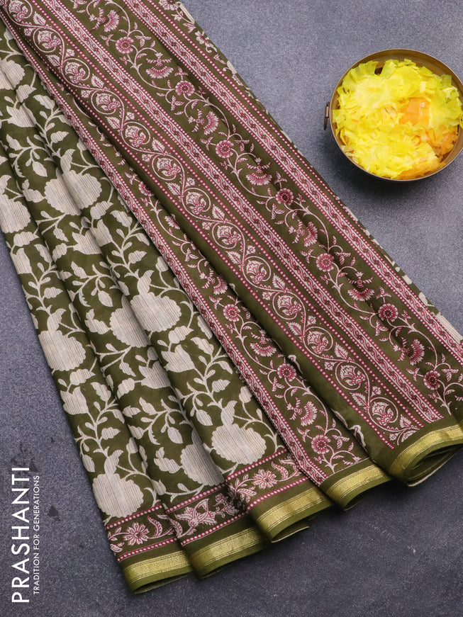 Muslin cotton saree sap green and beige with allover prints and small zari woven border