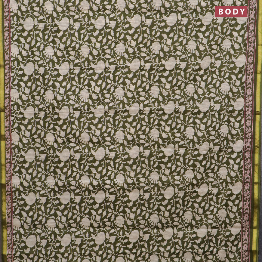 Muslin cotton saree sap green and beige with allover prints and small zari woven border