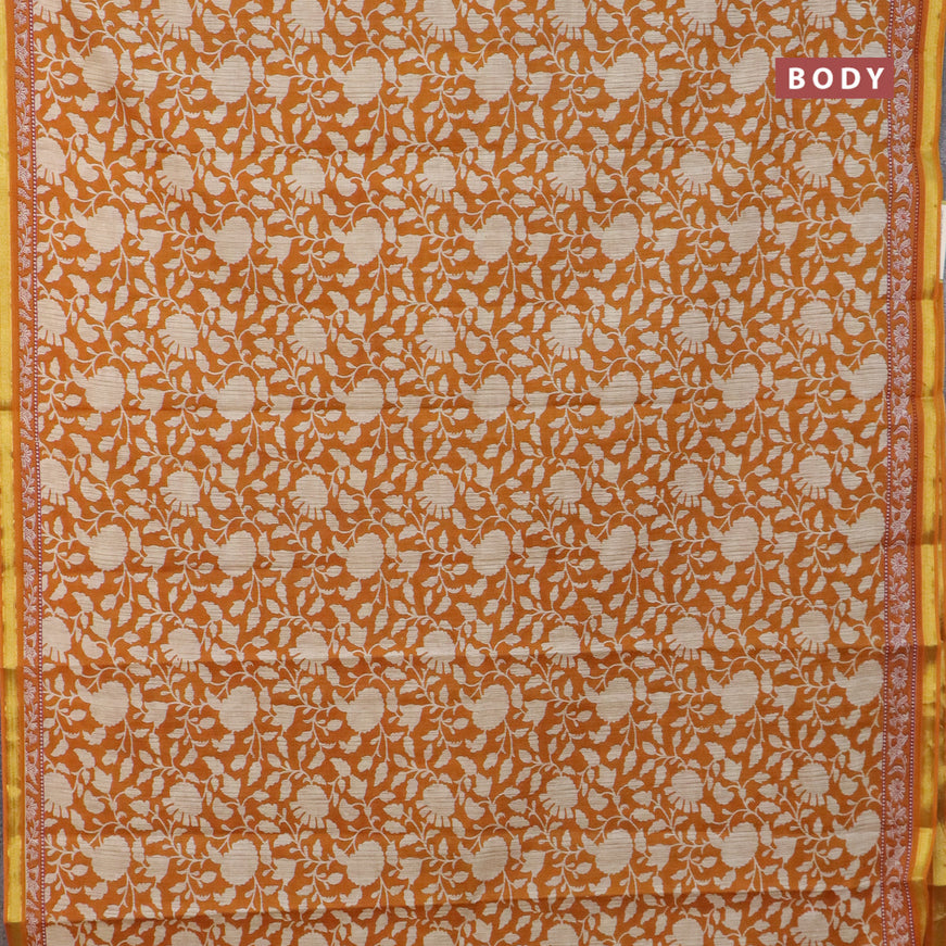 Muslin cotton saree mustard shade and beige with allover prints and small zari woven border