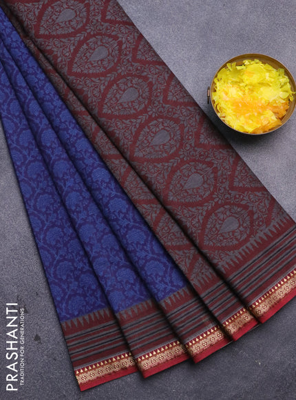 Muslin cotton saree blue and maroon with allover prints and thread woven border