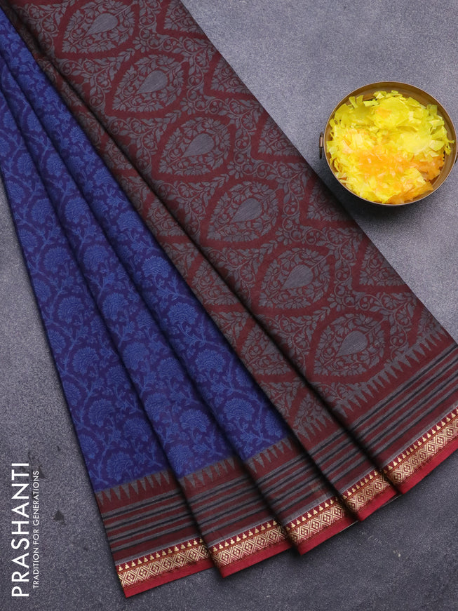 Muslin cotton saree blue and maroon with allover prints and thread woven border