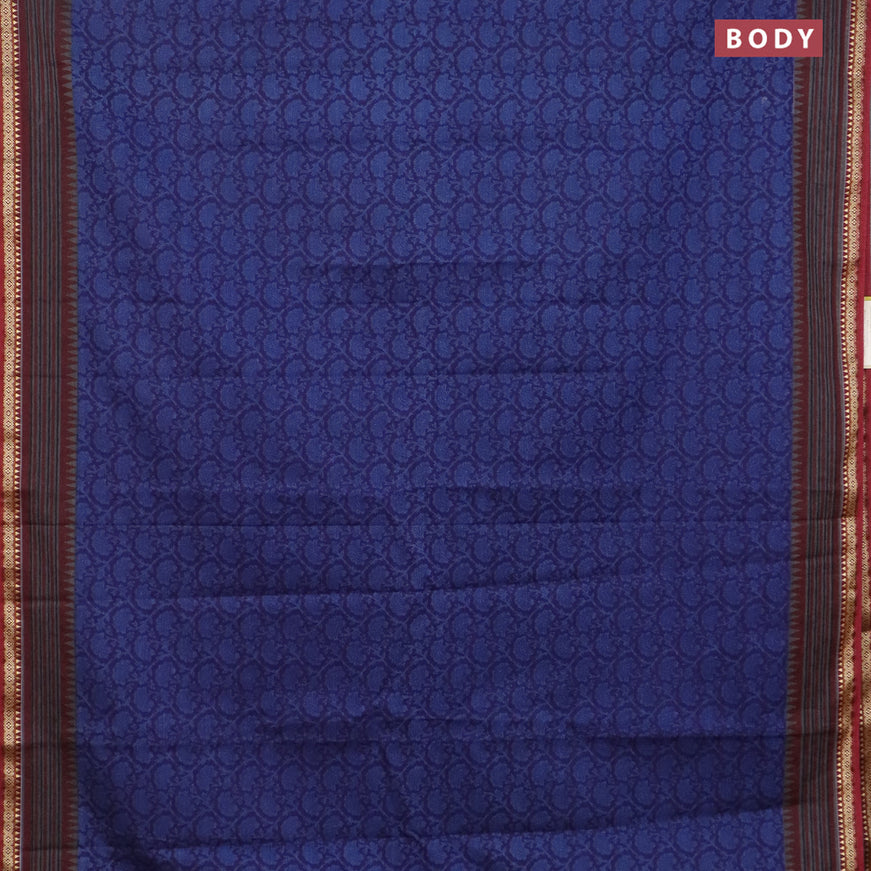 Muslin cotton saree blue and maroon with allover prints and thread woven border