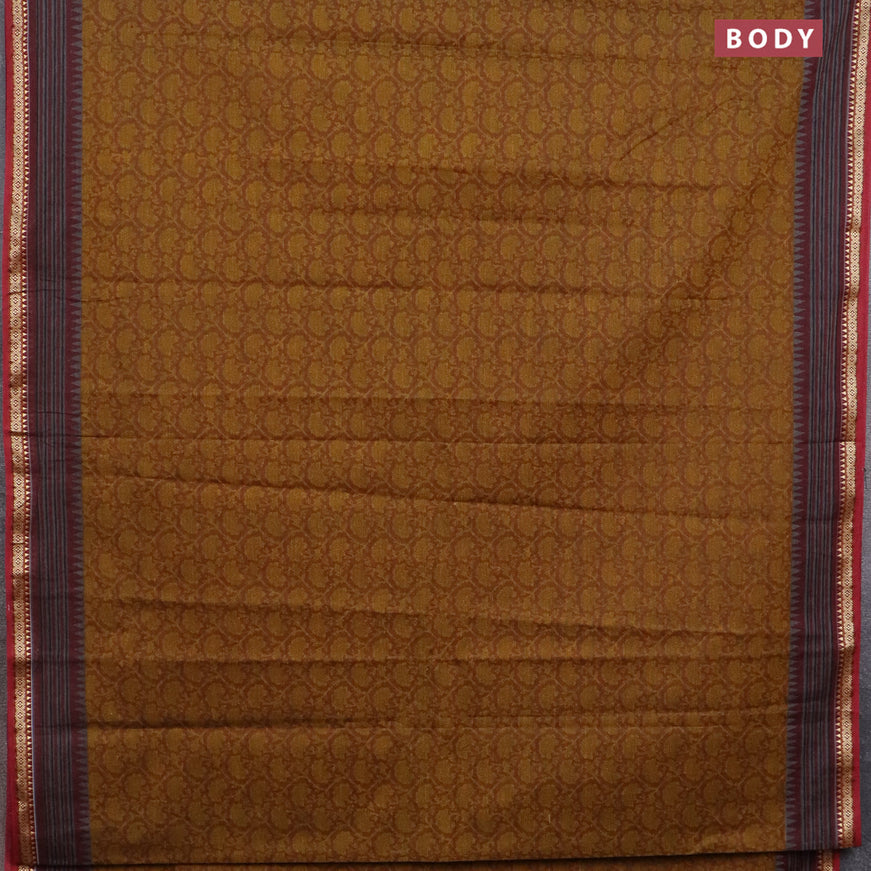 Muslin cotton saree dark mustard and maroon with allover prints and thread woven border