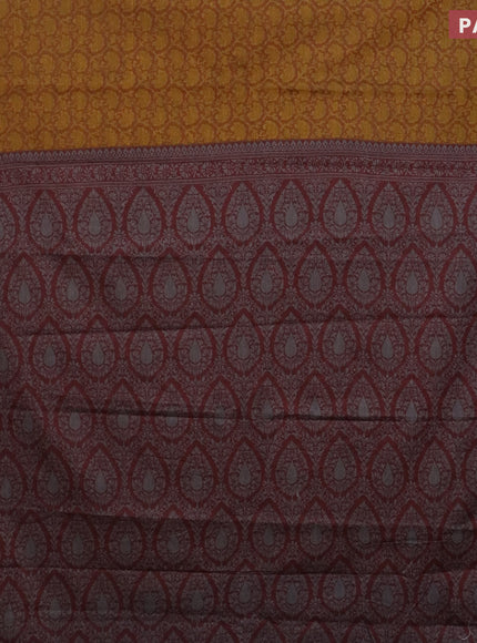 Muslin cotton saree dark mustard and maroon with allover prints and thread woven border