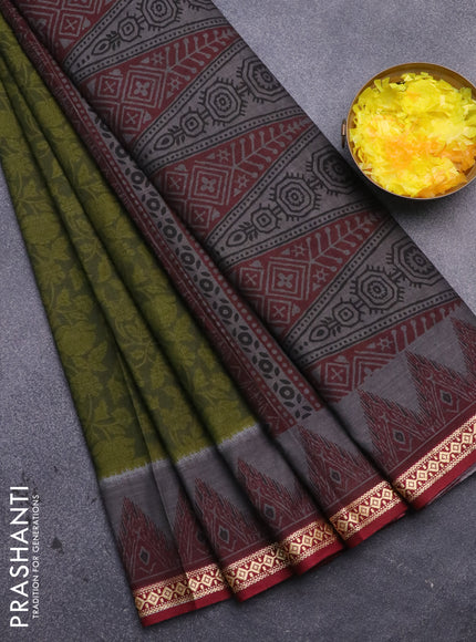 Muslin cotton saree sap green and maroon with allover prints and thread woven border