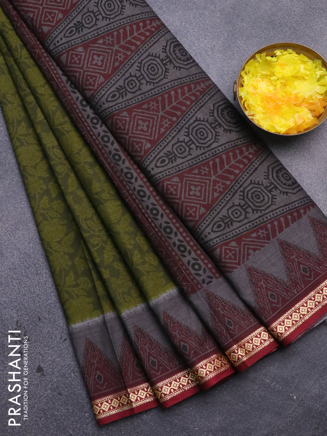 Muslin cotton saree sap green and maroon with allover prints and thread woven border