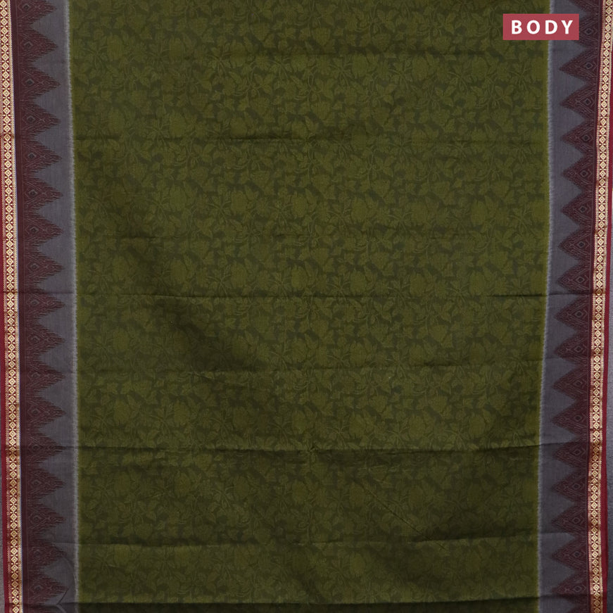 Muslin cotton saree sap green and maroon with allover prints and thread woven border