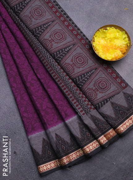 Muslin cotton saree deep purple and black with allover prints and thread woven border