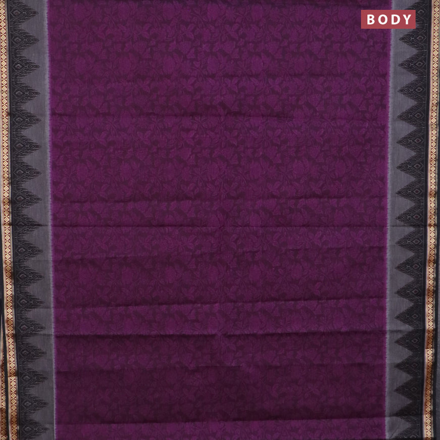 Muslin cotton saree deep purple and black with allover prints and thread woven border