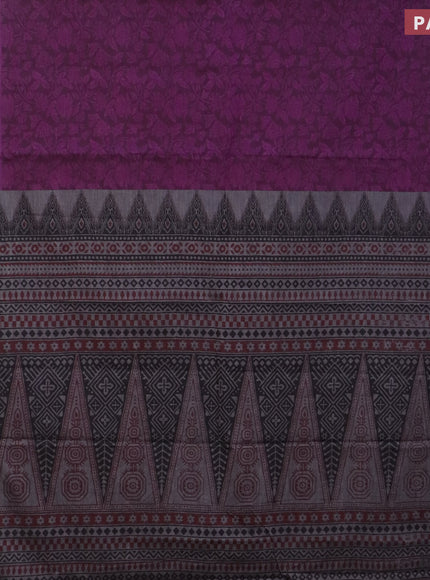 Muslin cotton saree deep purple and black with allover prints and thread woven border