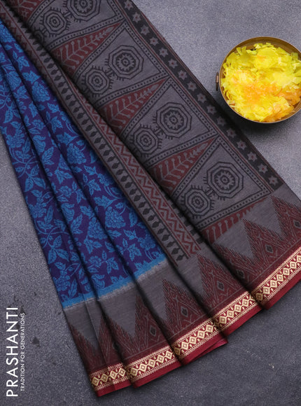 Muslin cotton saree dark blue and maroon with allover prints and thread woven border