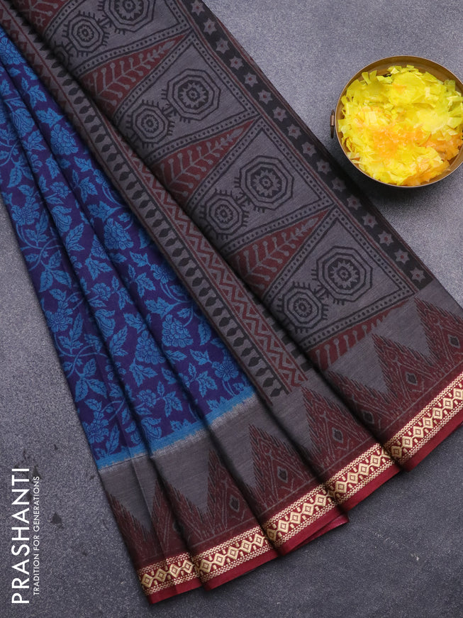 Muslin cotton saree dark blue and maroon with allover prints and thread woven border