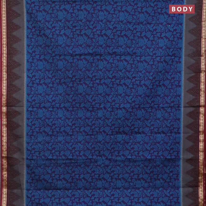 Muslin cotton saree dark blue and maroon with allover prints and thread woven border