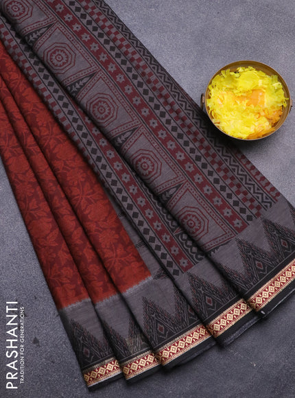 Muslin cotton saree maroon and black with allover prints and thread woven border