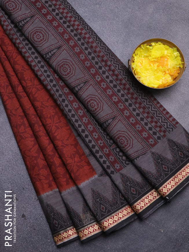 Muslin cotton saree maroon and black with allover prints and thread woven border