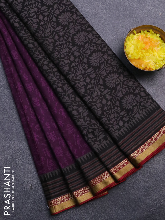 Muslin cotton saree deep purple and grey maroon with allover warli prints and thread woven border