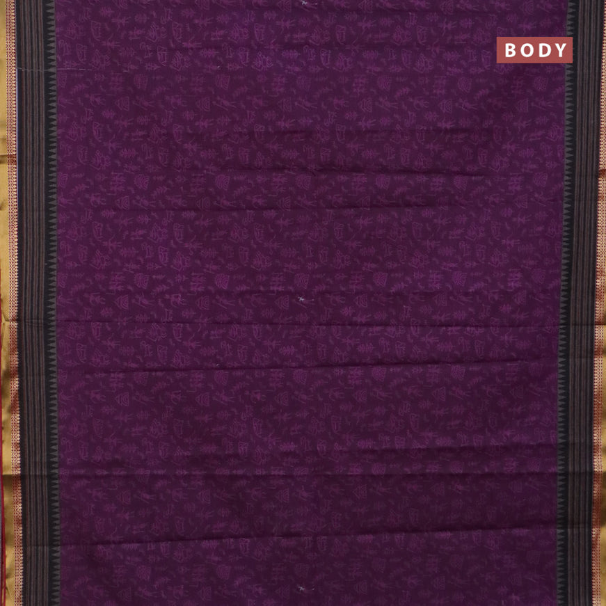 Muslin cotton saree deep purple and grey maroon with allover warli prints and thread woven border