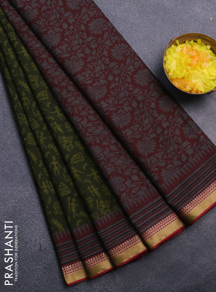 Muslin cotton saree sap green and grey maroon with allover warli prints and thread woven border