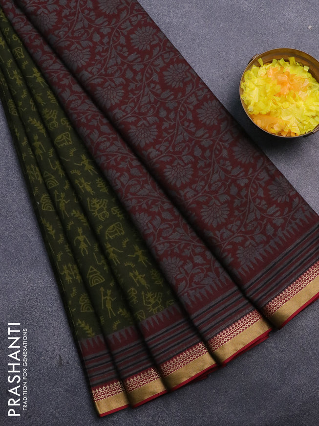 Muslin cotton saree sap green and grey maroon with allover warli prints and thread woven border