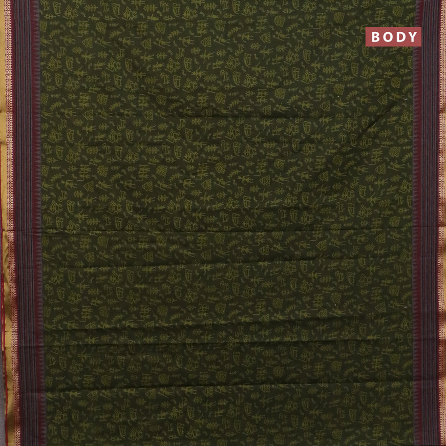 Muslin cotton saree sap green and grey maroon with allover warli prints and thread woven border