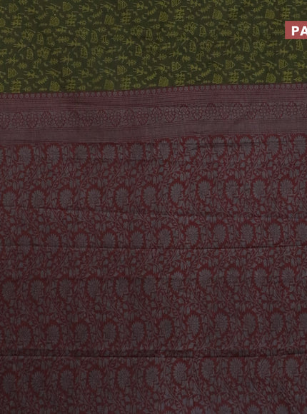 Muslin cotton saree sap green and grey maroon with allover warli prints and thread woven border