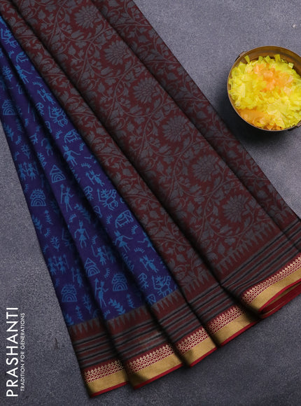 Muslin cotton saree blue and grey maroon with allover warli prints and thread woven border