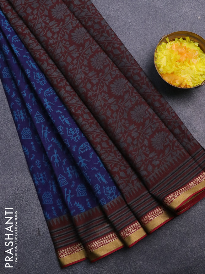 Muslin cotton saree blue and grey maroon with allover warli prints and thread woven border