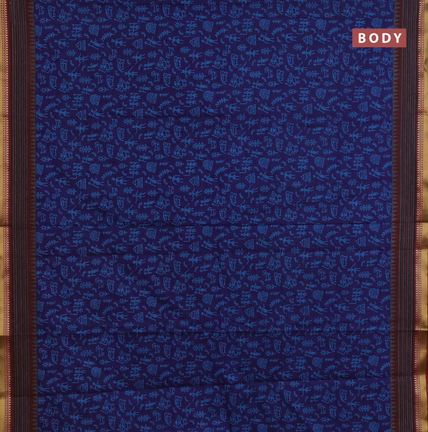 Muslin cotton saree blue and grey maroon with allover warli prints and thread woven border