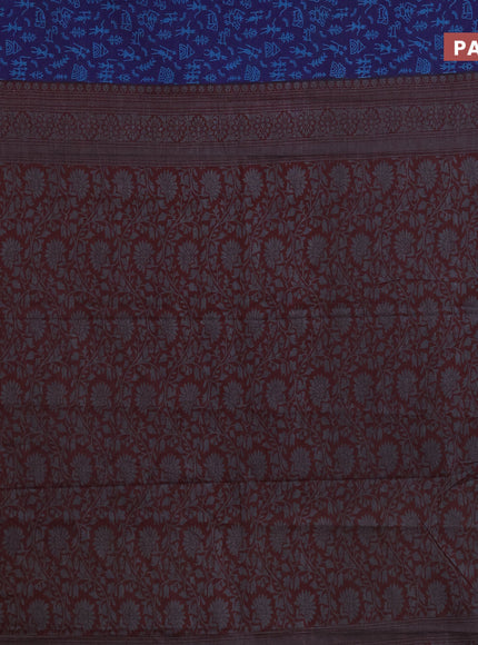 Muslin cotton saree blue and grey maroon with allover warli prints and thread woven border