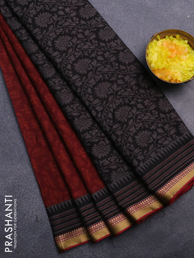 Muslin cotton saree maroon and grey maroon with allover warli prints and thread woven border