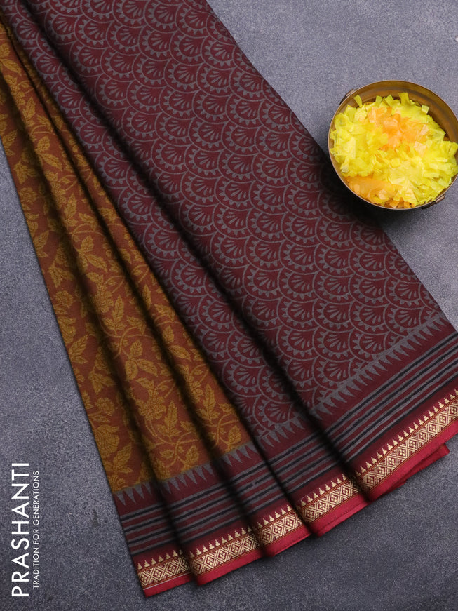 Muslin cotton saree dark mustard and maroon with allover kalamkari prints and thread woven border