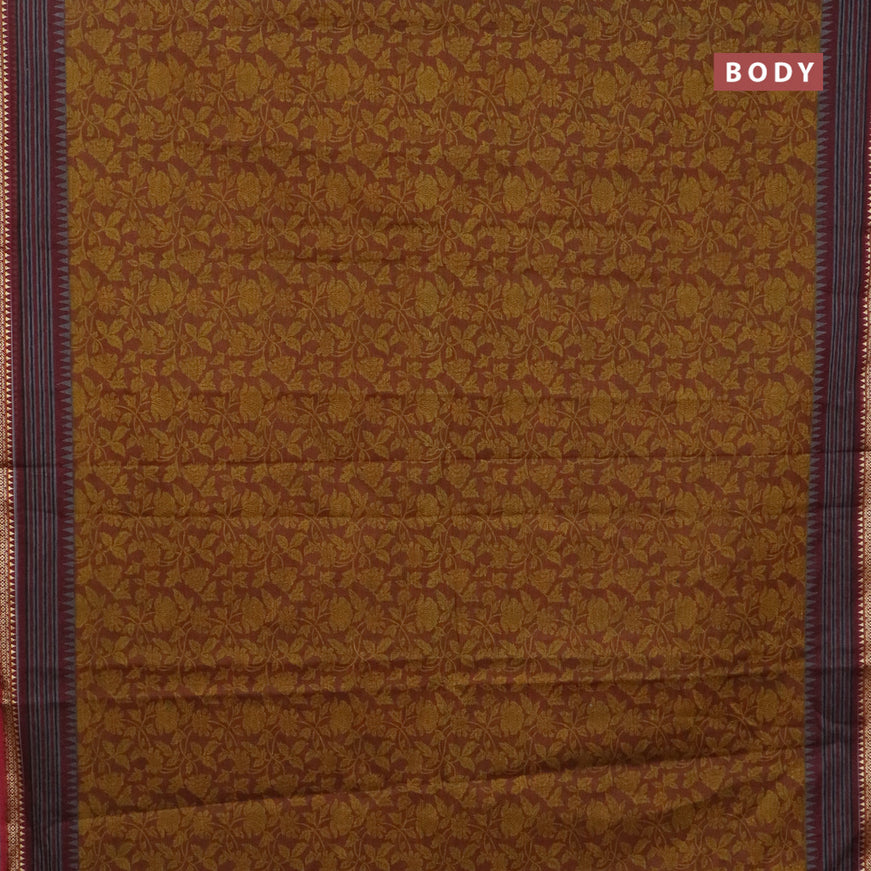 Muslin cotton saree dark mustard and maroon with allover kalamkari prints and thread woven border