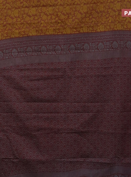 Muslin cotton saree dark mustard and maroon with allover kalamkari prints and thread woven border