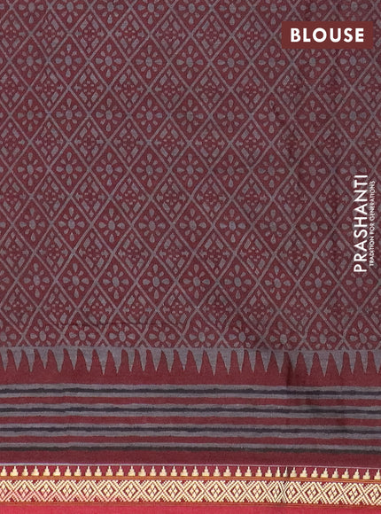 Muslin cotton saree dark mustard and maroon with allover kalamkari prints and thread woven border