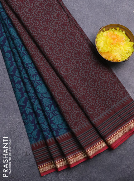 Muslin cotton saree blue and maroon with allover kalamkari prints and thread woven border