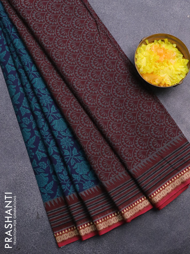 Muslin cotton saree blue and maroon with allover kalamkari prints and thread woven border