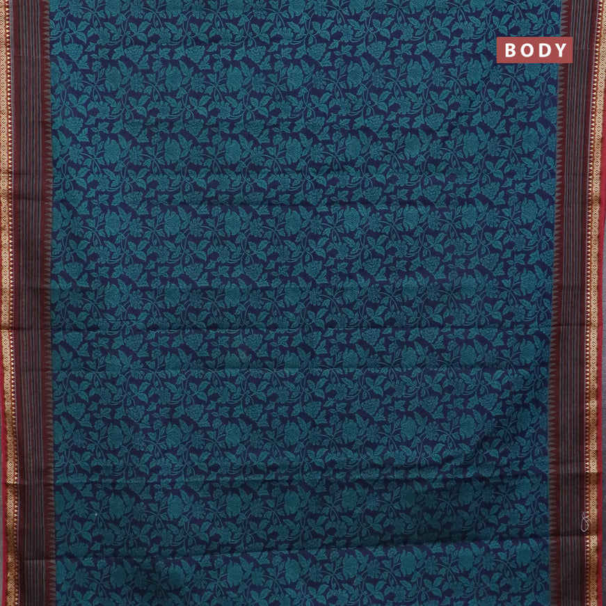 Muslin cotton saree blue and maroon with allover kalamkari prints and thread woven border