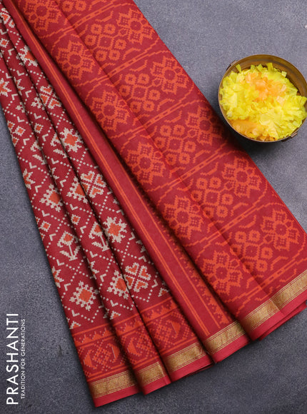 Muslin cotton saree red with allover ikat prints and small zari woven border