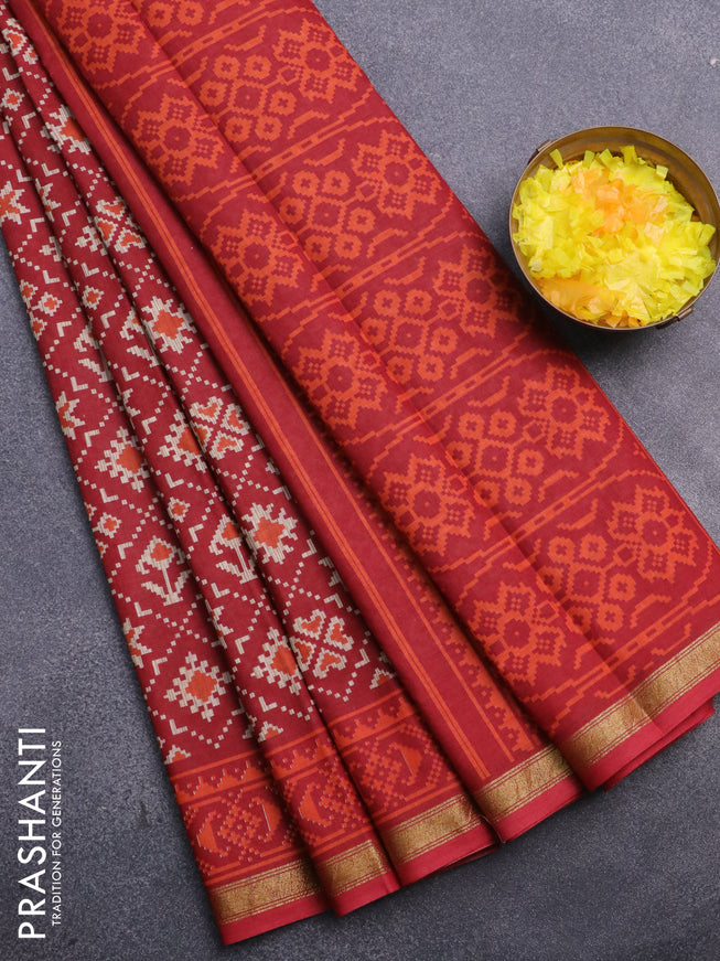 Muslin cotton saree red with allover ikat prints and small zari woven border