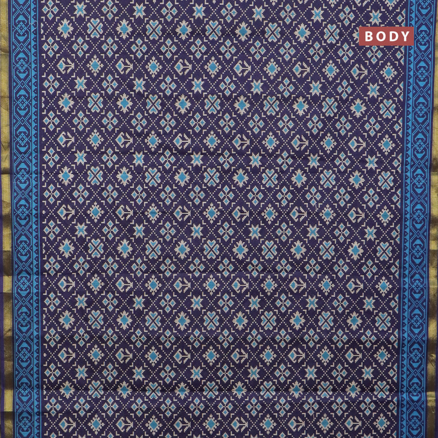 Muslin cotton saree blue with allover ikat prints and small zari woven border