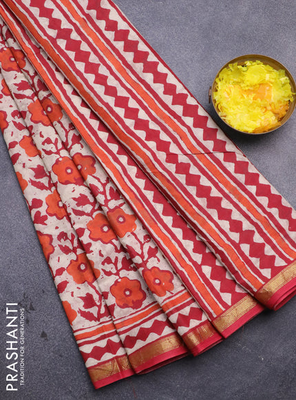 Muslin cotton saree cream and red with allover prints and small zari woven border