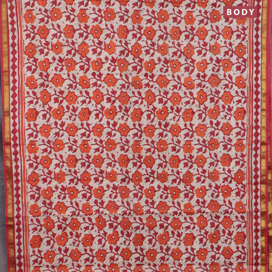 Muslin cotton saree cream and red with allover prints and small zari woven border