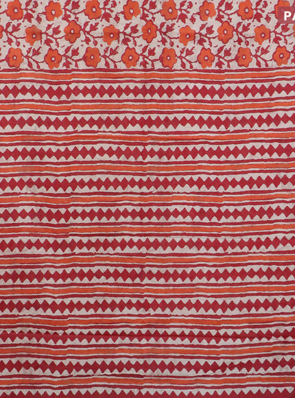 Muslin cotton saree cream and red with allover prints and small zari woven border