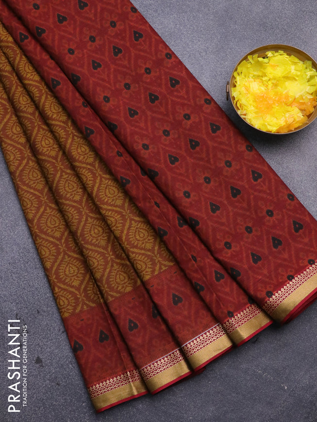 Muslin cotton saree dark mustard and maroon with allover prints and thread woven border