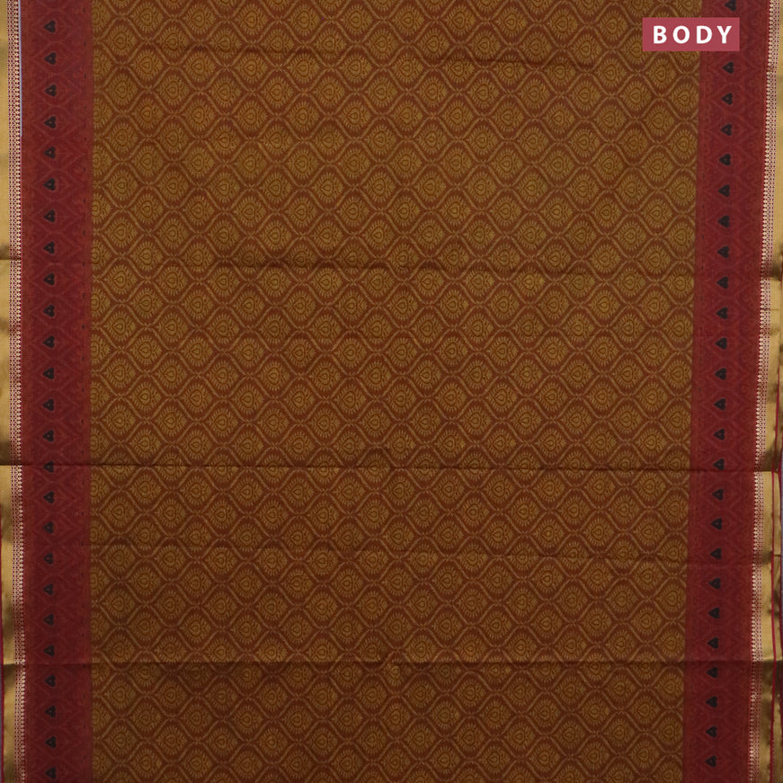 Muslin cotton saree dark mustard and maroon with allover prints and thread woven border