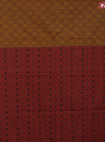 Muslin cotton saree dark mustard and maroon with allover prints and thread woven border