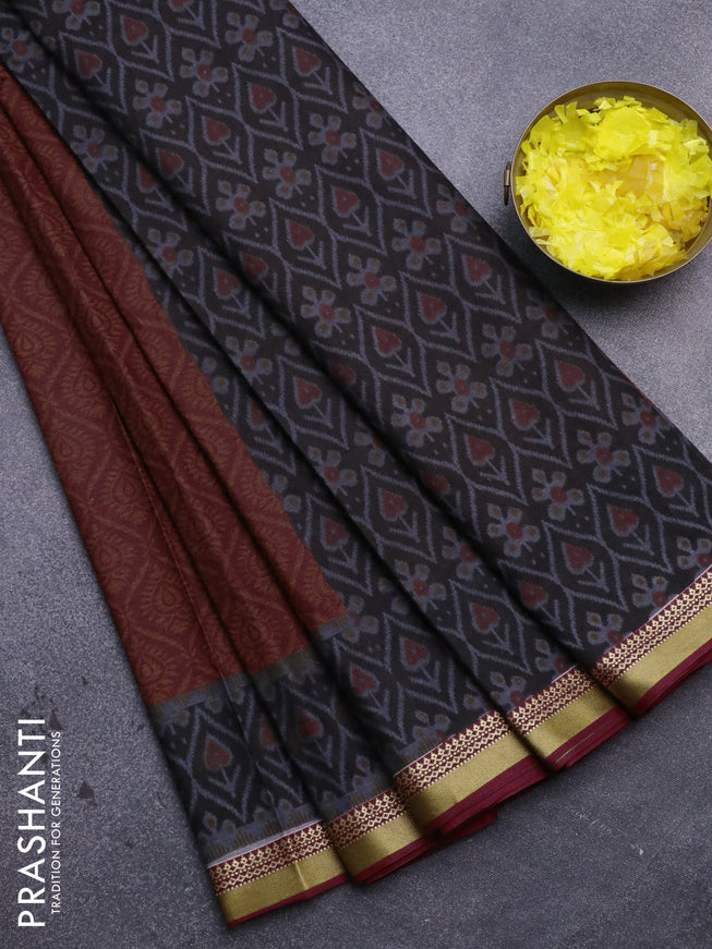 Muslin cotton saree maroon and grey with allover prints and thread woven border