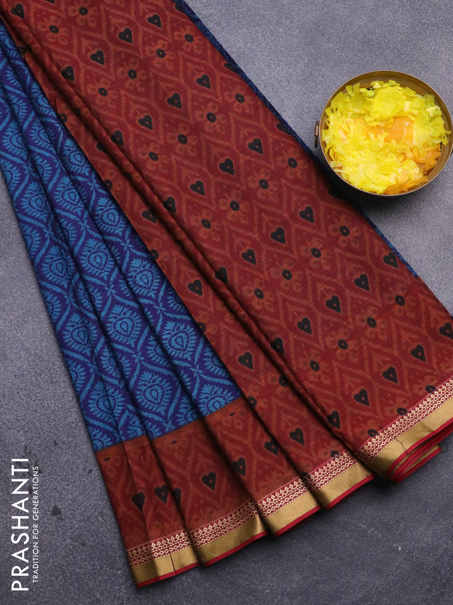 Muslin cotton saree blue and maroon with allover prints and thread woven border