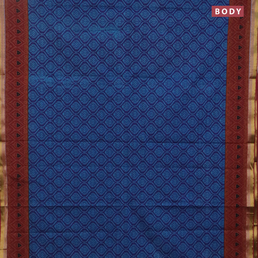 Muslin cotton saree blue and maroon with allover prints and thread woven border