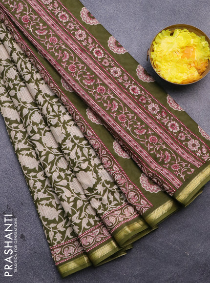 Muslin cotton saree sap green and beige with allover prints and small zari woven border